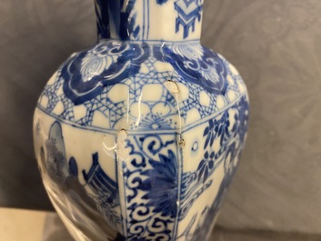 A Chinese blue and white five-piece garniture with boys and ladies, Kangxi